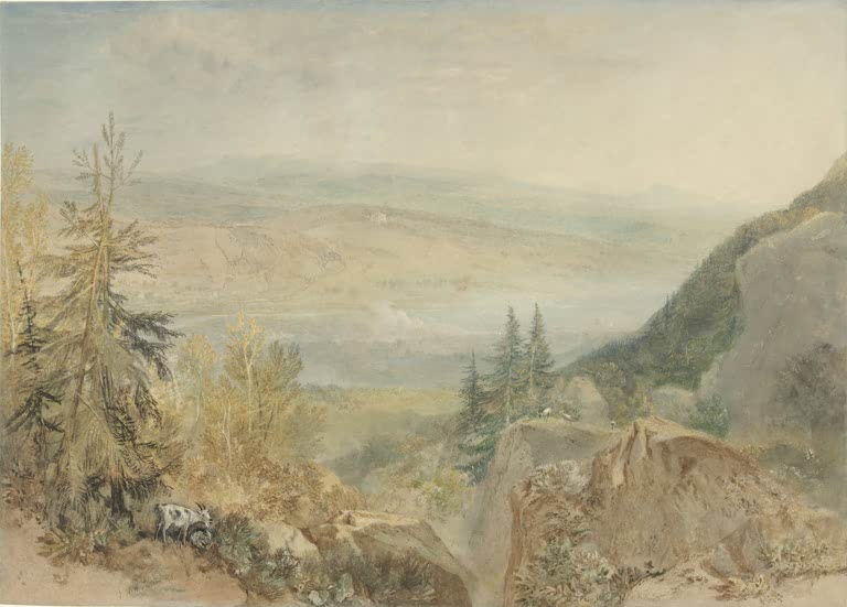William Turner Blick auf Farnley Hall in Yorkshire Kunstkopie, Aquarell mit Tannen, Felsen und weitem Tal im Dunst