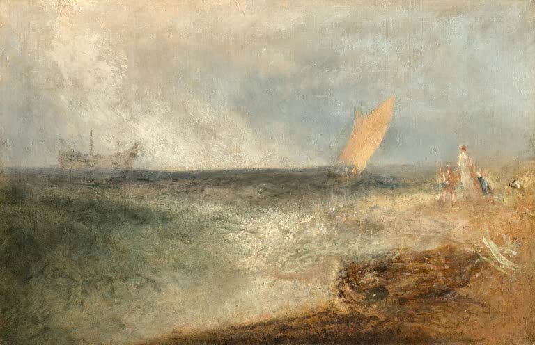 William Turner Blick vor Margate, Abend Kunstkopie, Segelboot und Figuren am Strand vor bewegter See im Dunst