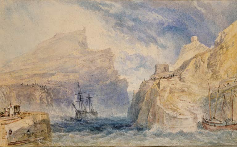 William Turner Boscastle Cornwall Kunstkopie, Segelschiff in aufgewühlter See zwischen Felsen und Hafenmauer