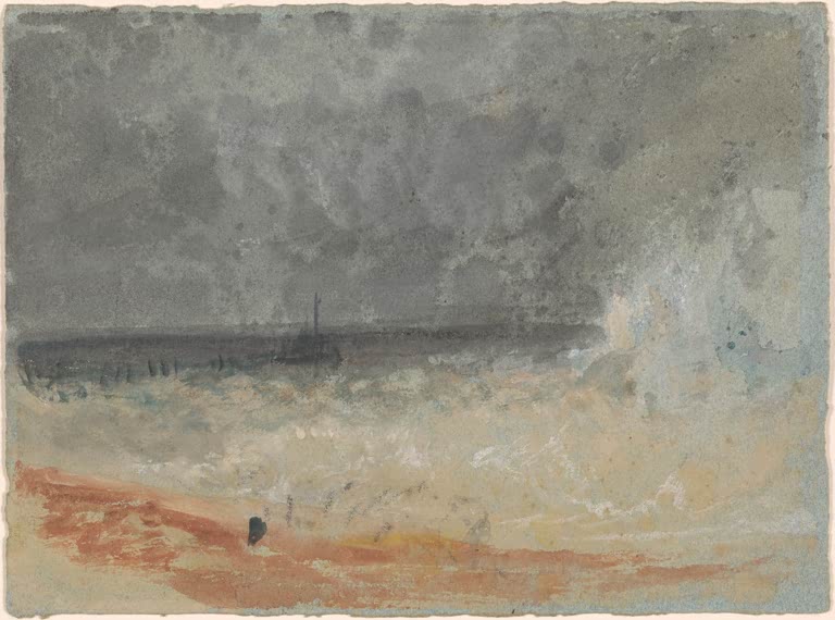 William Turner Brechende Wellen am Strand Kunstkopie, Farbskizze mit Gischt, dunklem Himmel und rotem Sandstreifen