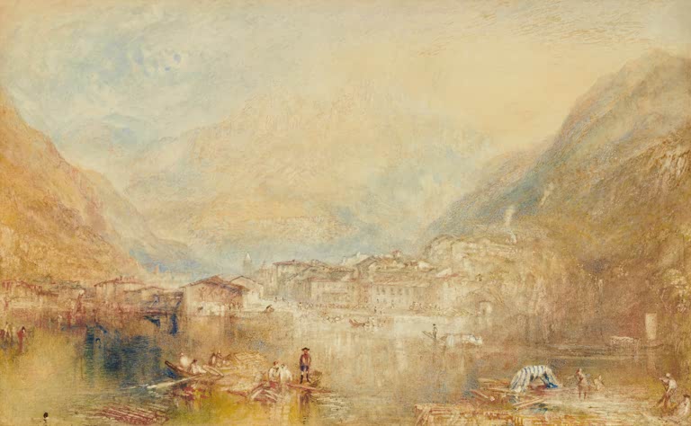 William Turner Brunnen vom Vierwaldstättersee Kunstkopie, Bergtal mit Dorf, See und Flößern im goldenen Dunst