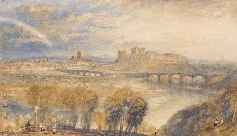 William Turner Carlisle Kunstkopie, Burg und Brücken über dem Fluss unter Wolkenhimmel mit Regenbogen