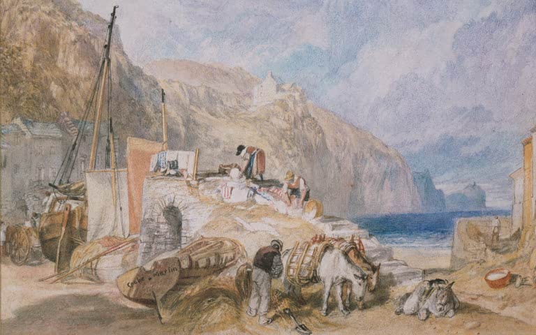 William Turner Combe Martin Devonshire Kunstkopie, Fischerboote und Maultiere am Strand unter steilen Klippen