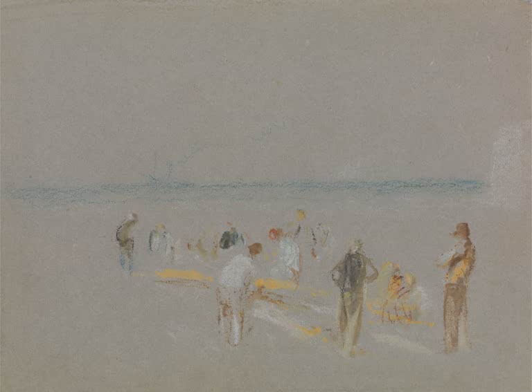 William Turner Cricket auf den Goodwin Sands Kunstkopie, Figuren auf hellem Sandstrand unter dunstigem Himmel