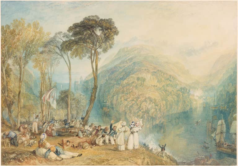 William Turner Dartmouth Cove Kunstkopie, Aquarell mit Matrosen unter hohen Bäumen an einer Bucht mit Segelschiffen