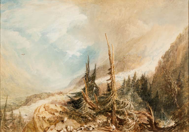 William Turner Das Chamonix-Tal Kunstkopie, zerzauste Tannen und Gletscher unter bewegtem Himmel im Hochgebirge