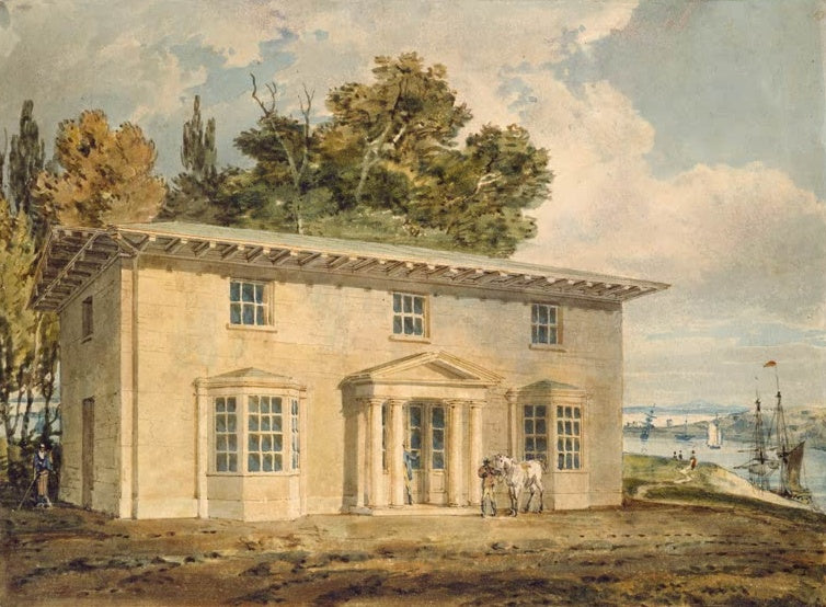 William Turner Das Penrhyn Arms in Port Penrhyn Kunstkopie, Gasthaus mit Säulenportal, Pferd und Schiffe am Wasser