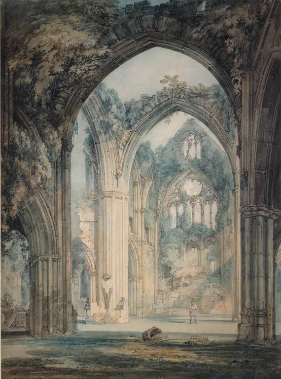 William Turner Das Querschiff der Tintern Abbey Kunstkopie, efeubewachsene gotische Bögen mit Maßwerkfenster und Figur