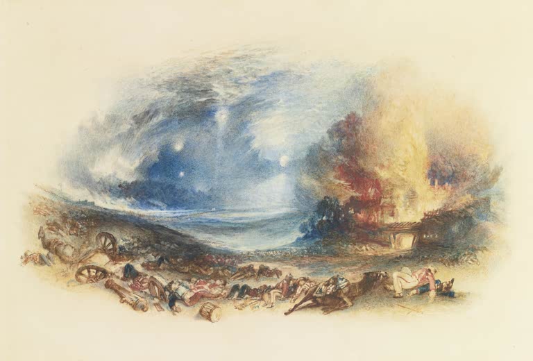 William Turner Das Schlachtfeld von Waterloo Kunstkopie, brennender Hof, gefallene Soldaten und Kanonen unter Nachthimmel
