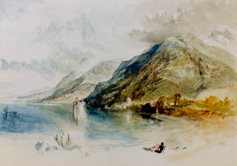 William Turner Das Schloss von Chillon Kunstkopie, Bergzug am Genfer See mit Turm im blauen Wasser und Wolkendunst