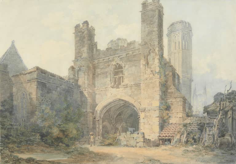 William Turner Das Tor von St. Augustine Canterbury Kunstkopie, gotisches Torhaus mit Turm und Mauerwerk