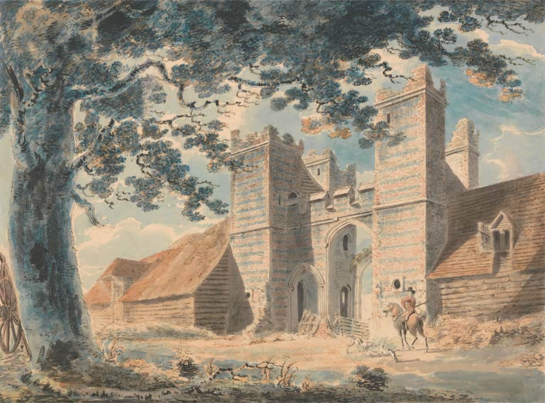 William Turner Das Torhaus von Dent de Lion Kunstkopie, Ruine mit Türmen unter großer Eiche und Reiter im Vordergrund