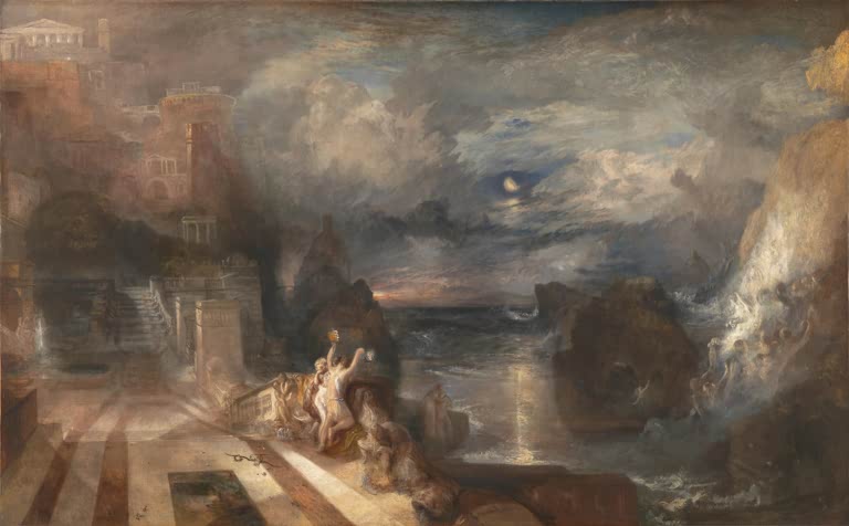 William Turner Der Abschied von Hero und Leander Kunstkopie, Liebespaar auf Terrasse, Mond über stürmischer See
