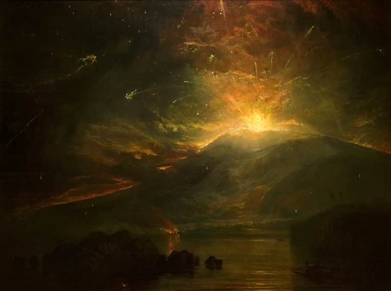 William Turner Ausbruch der Soufrière Kunstkopie, glühender Vulkan mit Funkenflug über dunklem Wasser und Felsen