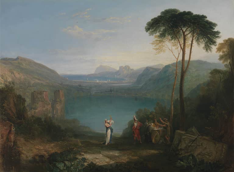 William Turner Averner See Aeneas und die Sibylle Kunstkopie, blauer Kratersee mit Pinie, Ruinen und antiken Figuren