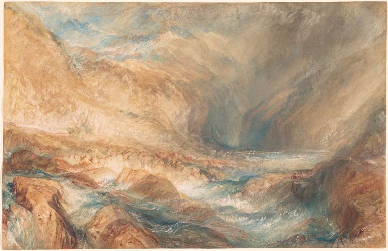 William Turner Gotthardpass bei Faido Kunstkopie, Wildbach zwischen ockerfarbenen Felsen und Wolkenschleiern