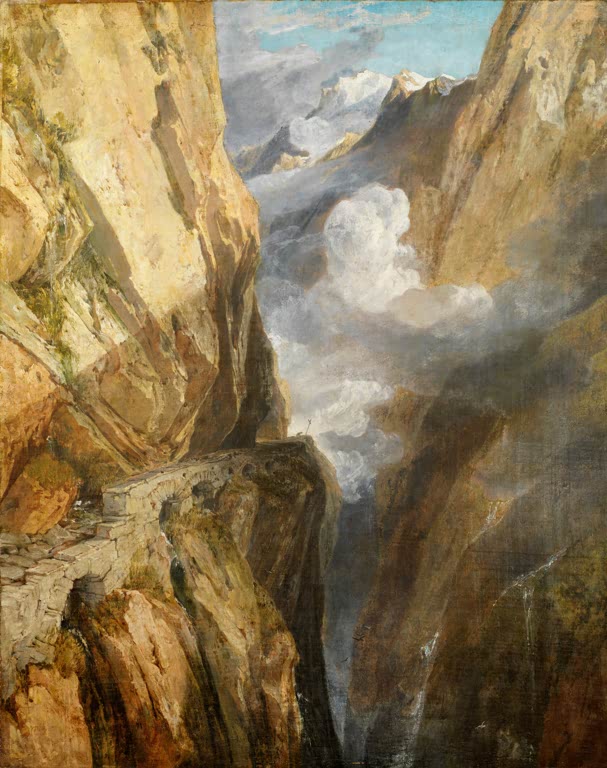 William Turner Der Gotthardpass in der Schweiz Kunstkopie, steile Felswände mit Steinbrücke und Wolken im Hochgebirge