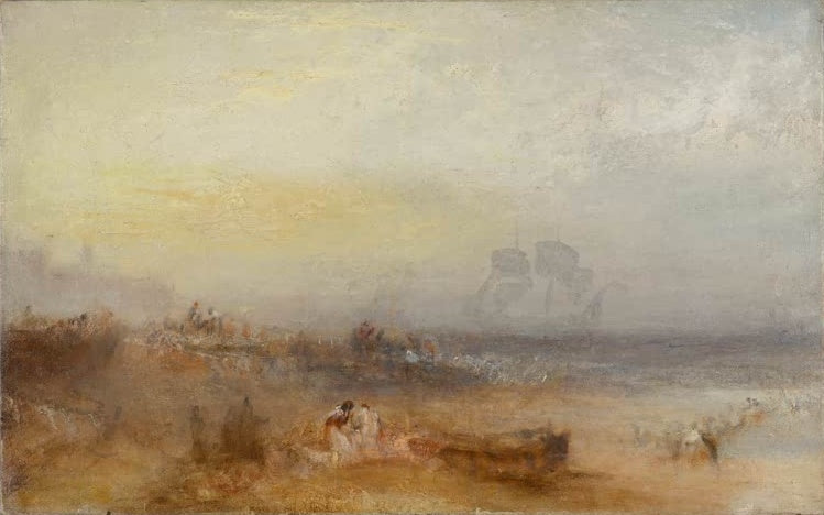 William Turner Der Morgen nach dem Schiffbruch Kunstkopie, Menschen am Strand und ein Schiffswrack im gelben Morgendunst