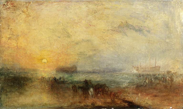 William Turner Der Morgen nach dem Sturm Kunstkopie, Sonnenaufgang über Küste mit Pferden und gestrandetem Schiff