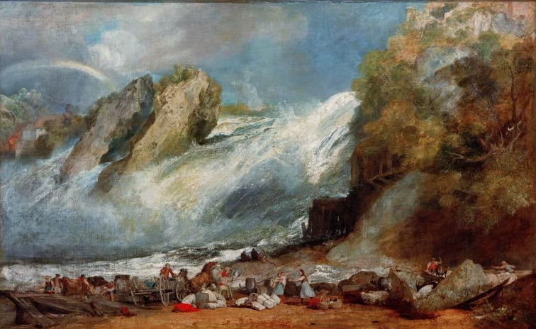 William Turner Der Rheinfall bei Schaffhausen Kunstkopie, tosender Wasserfall mit Regenbogen und Fuhrwerk am Ufer