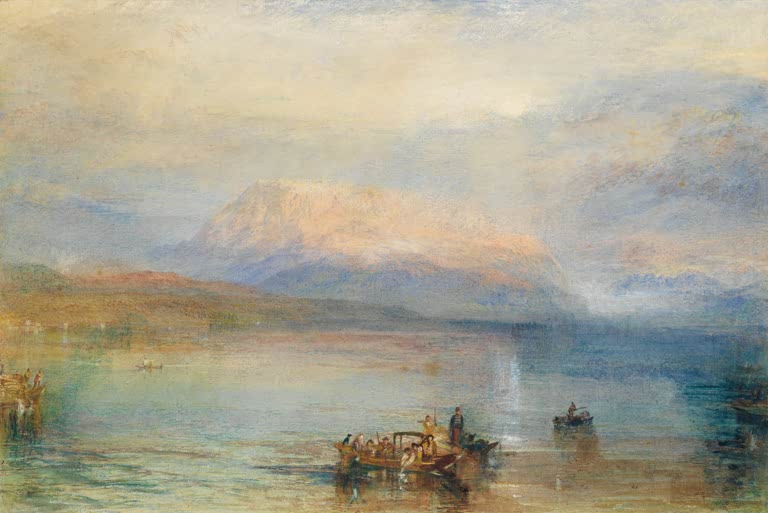 William Turner Der rote Rigi Kunstkopie, rosa angestrahlter Berg über stillem See mit Booten im Morgenlicht