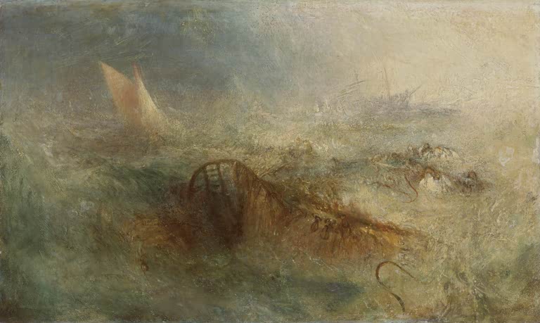 William Turner Der Sturm Kunstkopie, helles Segel und treibendes Wrack in gischtiger, aufgewühlter See