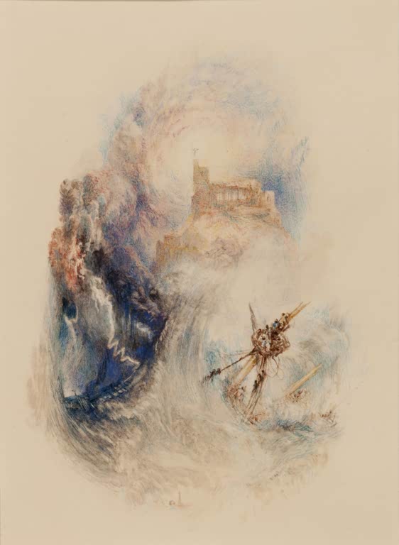 William Turner Der Tod des Lycidas Kunstkopie, Aquarell mit Schiffbruch, Wellen und Burg auf dem Felsen im Wolkenwirbel
