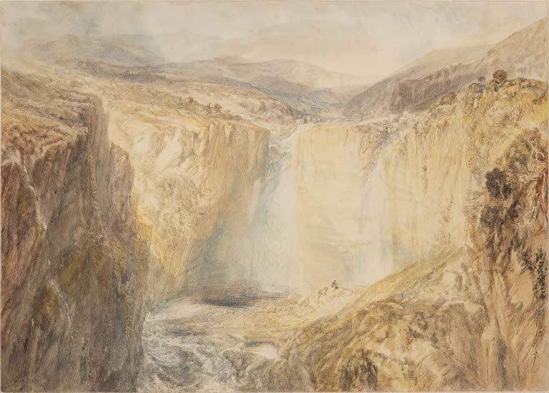 William Turner Der Wasserfall des Tees in Yorkshire Kunstkopie, Aquarell mit Felsschlucht und sonnigem Wasserschleier