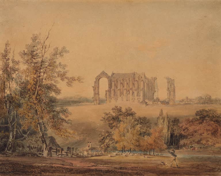 William Turner Die Abtei Malmesbury von Süden Kunstkopie, Klosterruine hinter Herbstbäumen im goldenen Abendlicht