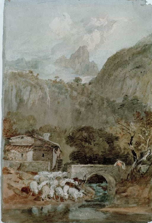 William Turner Die Aiguillette vom Tal der Cluse Kunstkopie, Schafherde an Steinbrücke und Bergfelsen vor bewölktem Himmel