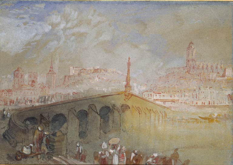 William Turner Die Brücke von Blois Kunstkopie, Steinbrücke mit Obelisk und Marktvolk vor der Stadt im lichten Nebel