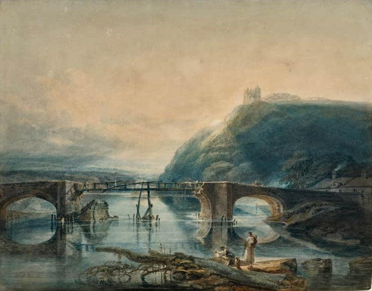 William Turner Die Brücke von Llandilo mit Schloss Dynevor Kunstkopie, Steinbrücke über ruhigem Fluss unter Burghügel