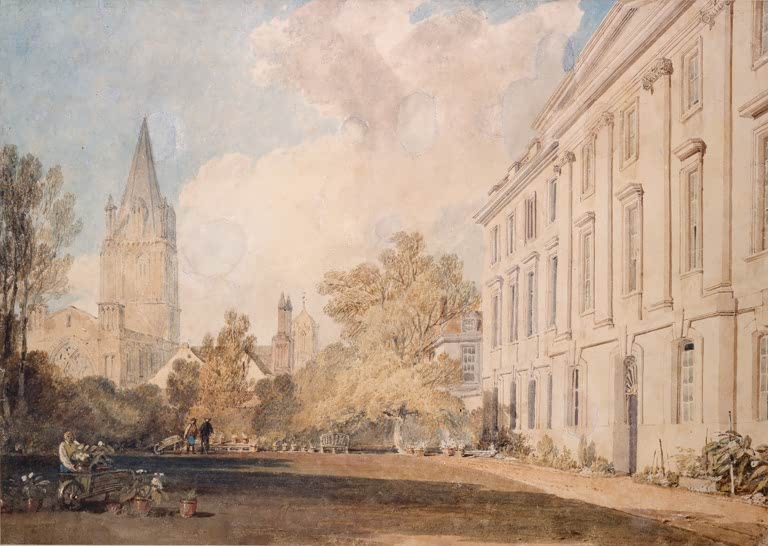 William Turner Die Kathedrale von Christ Church Kunstkopie, Gartenhof mit Turmspitze, Arbeitern und heller Fassade in Oxford
