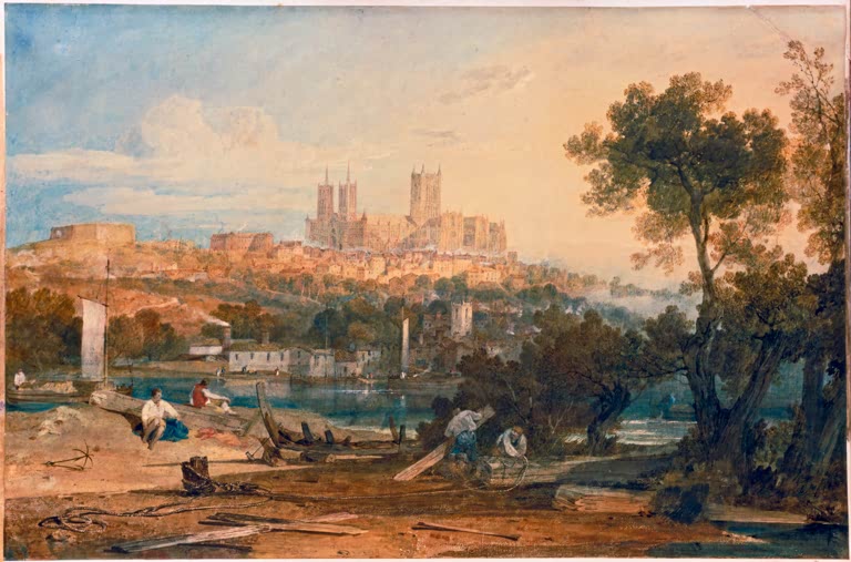 William Turner Kathedrale von Lincoln Kunstkopie, Stadt mit Kathedrale über dem Fluss, Arbeiter und Boote im Vordergrund