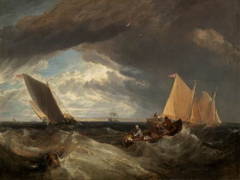 William Turner Die Mündung von Themse und Medway Kunstkopie, Boote auf stürmischer See unter dunklen Wolken