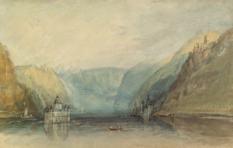 William Turner Die Pfalz bei Kaub Kunstkopie, Zollburg auf einer Rheininsel zwischen Bergen mit Burg und kleinem Ruderboot