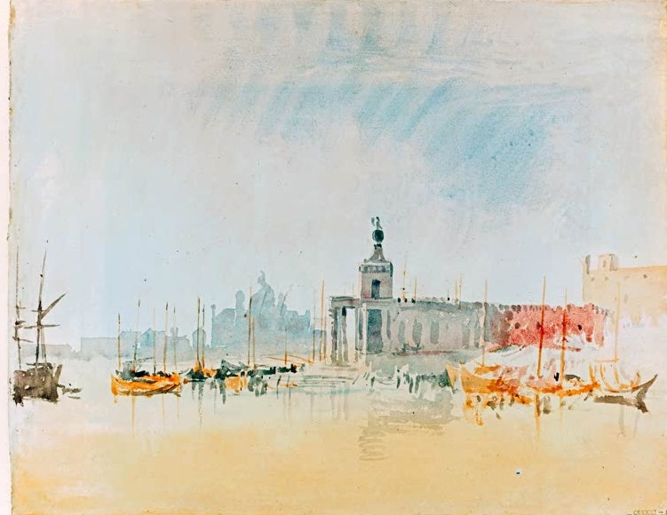 William Turner Punta della Dogana Kunstkopie, Venedig mit orangefarbenen Booten und Zollhaus im zarten Dunst der Lagune