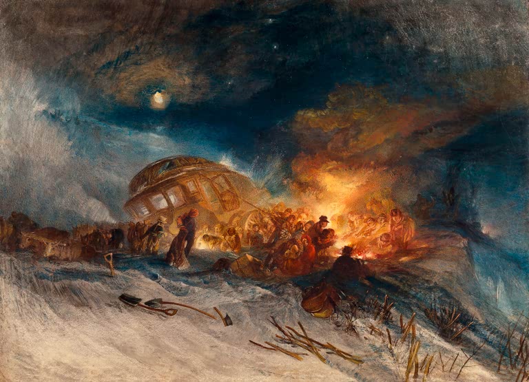 William Turner Reisende im Schneetreiben am Mount Tarrar Kunstkopie, gestrandete Postkutsche und Lagerfeuer im Schnee
