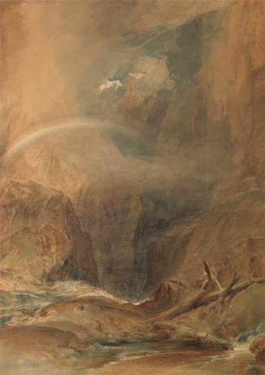 William Turner Die Teufelsbrücke am Sankt-Gotthard-Pass Kunstkopie, tosender Fluss in Felsschlucht mit blassem Regenbogen