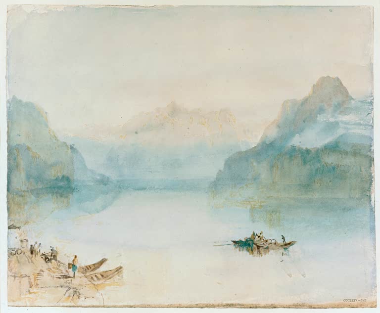 William Turner Die Urner Bucht von Brunnen Kunstkopie, Fischerboote auf stillem Bergsee in bläulichem Morgendunst