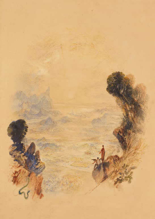 William Turner Die Versuchung Christi auf dem Berg Kunstkopie, kleine Figuren auf einem Felsen über einer weiten Landschaft