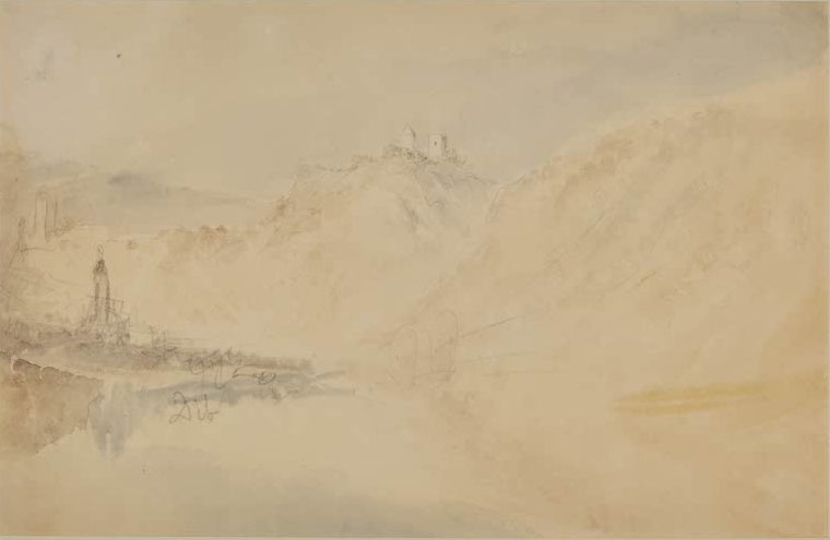 William Turner Dieblich an der Mosel Kunstkopie, zarte Flusslandschaft mit Burg auf einem Hügel im goldenen Dunst