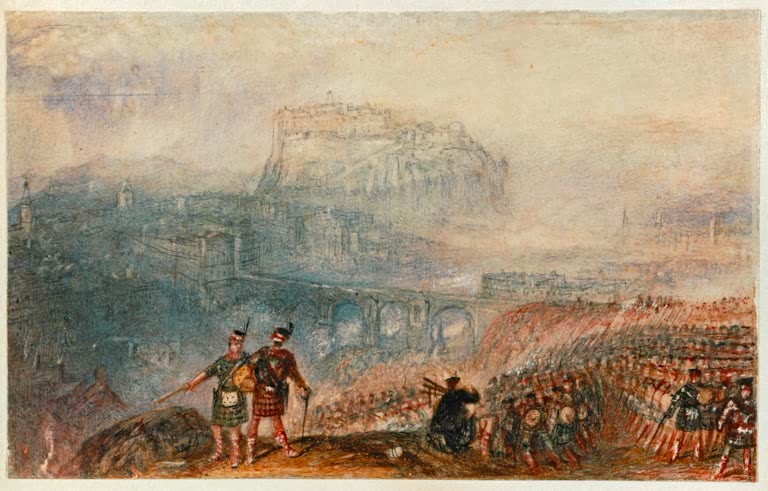 William Turner Edinburgh Castle Der Marsch der Highlander Kunstkopie, Soldaten in Schottenmuster vor der Burg im Dunst