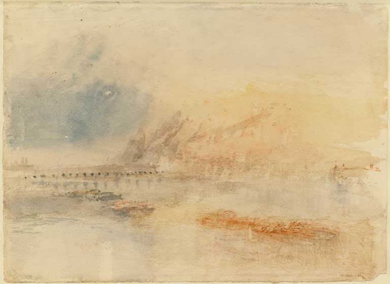 William Turner Ehrenbreitstein bei Koblenz Kunstkopie, Rhein mit Schiffsbrücke und orangefarbenem Morgenlicht über dem Felsen