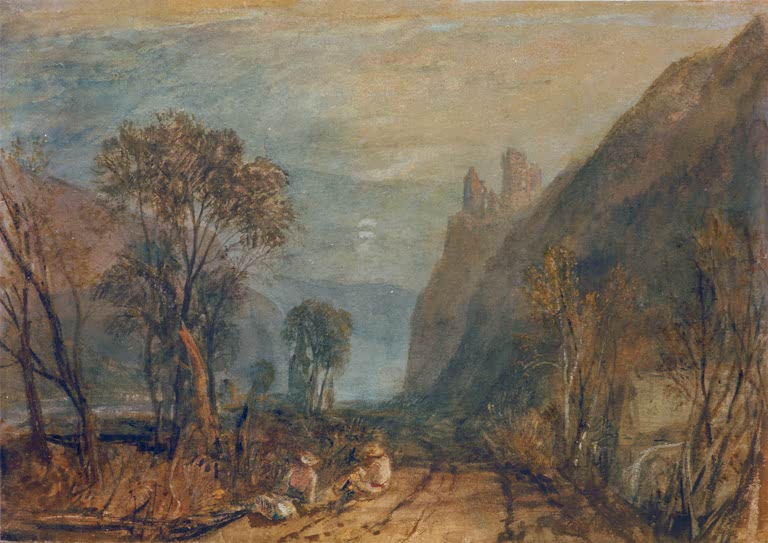 William Turner Ein Blick auf den Rhein: Die Bautsburg Kunstkopie, Burgruine über dunklem Felshang