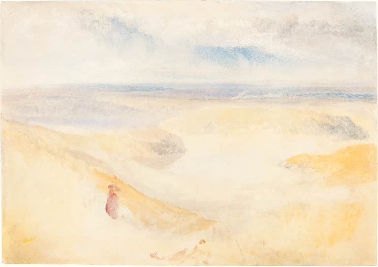 William Turner Ein Fluss in Yorkshire Kunstkopie, sandgelbe Hügel, ferne Flussmündung und rote Figur im Vordergrund