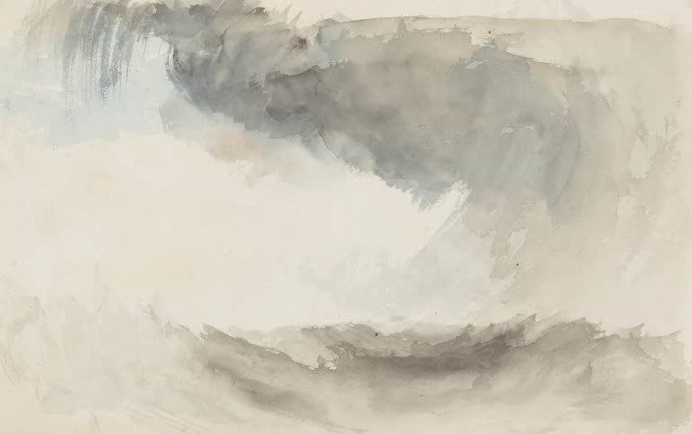 William Turner Ein Sturm auf See, Farbskizze Kunstkopie, graue Wolken und weiße Gischt in lockerem Aquarell