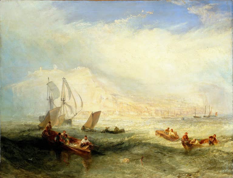 William Turner Fischfang vor Hastings Kunstkopie, Fischerboote auf bewegter See vor hellen Kreidefelsen und Segelschiffen