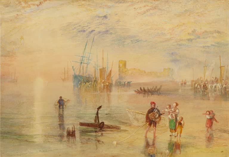 William Turner Flint Castle in Nordwales Kunstkopie, Fischer und Frauen mit Kindern am Strand vor Burg und Schiffen