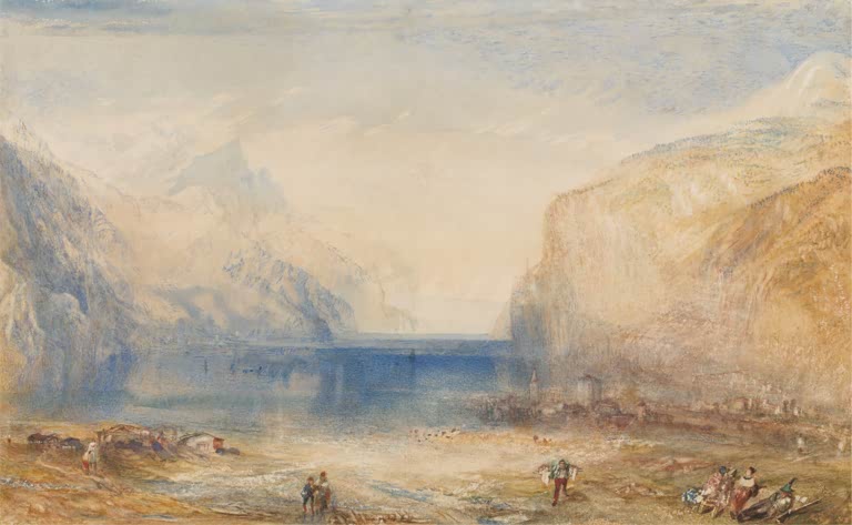 William Turner Flüelen am Morgen, Blick zum See Kunstkopie, Felswände und blauer See im goldenen Frühlicht